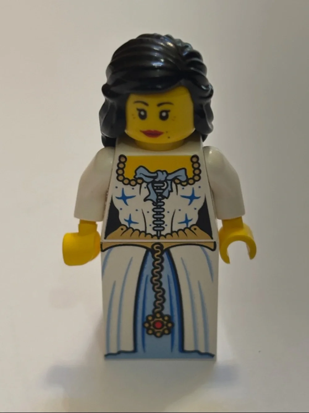 Lego Female Minifigure in White and Light Blue Dress with Black Hair - Picture 2 of 7
